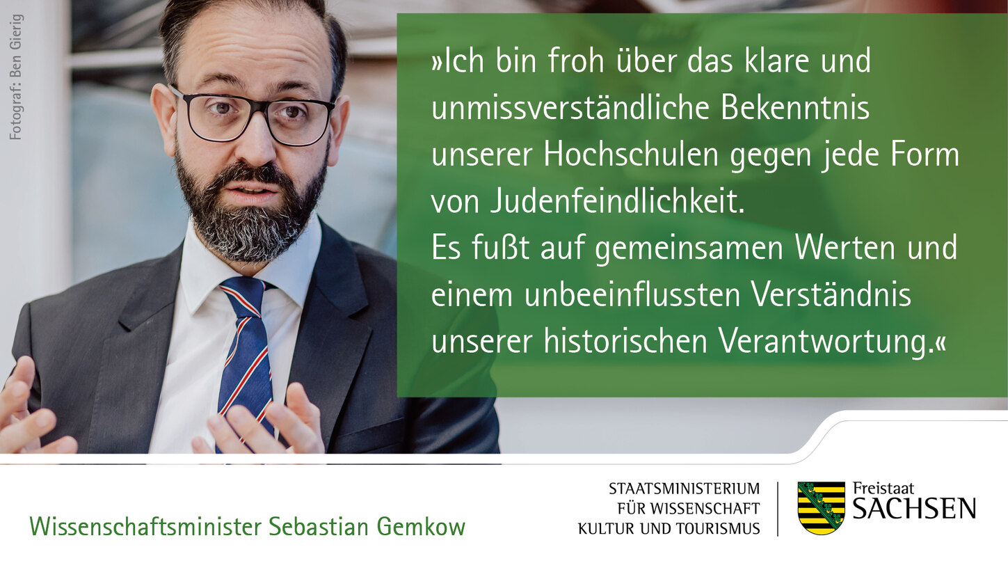 Porträt des Ministers mit dem Zitat: Ich bin froh über das klare und unmissverständliche Bekenntnis unserer Hochschulen gegen jede Form von Judenfeindlichkeit. Es fußt auf gemeinsamen Werten und einem unbeeinflussten Verständnis unserer historischen Veran