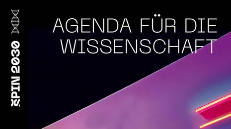 Das Bild zeigt den oberen Teil der Broschüre, die zum Download zur Verfügung gestellt wird. Links „SPIN 2030“. Rechts eine diagonal geteilte schwarz/lilafarbene Fläche Aufschrift: Agenda für die Wissenschaft.