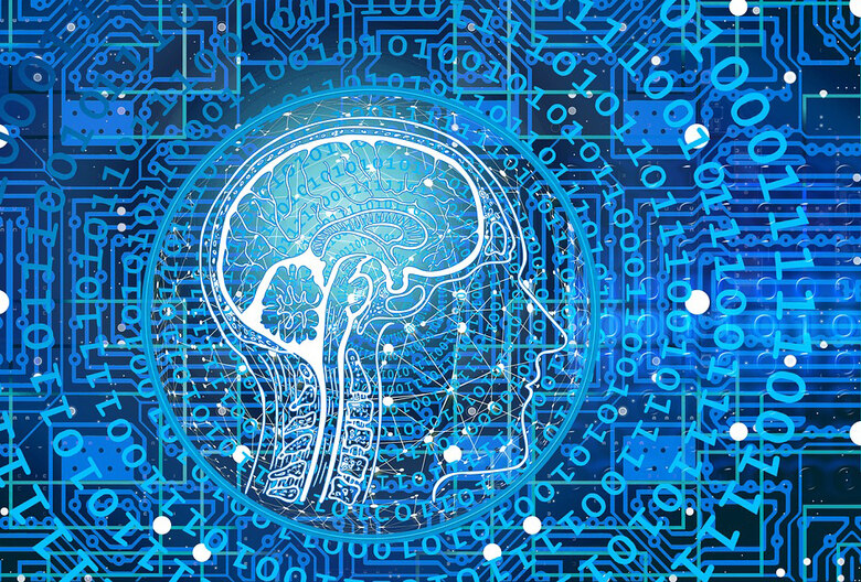 Bild von einem Kopf mit Gehirn auf blauem Hintergrund mit Schaltkreisen