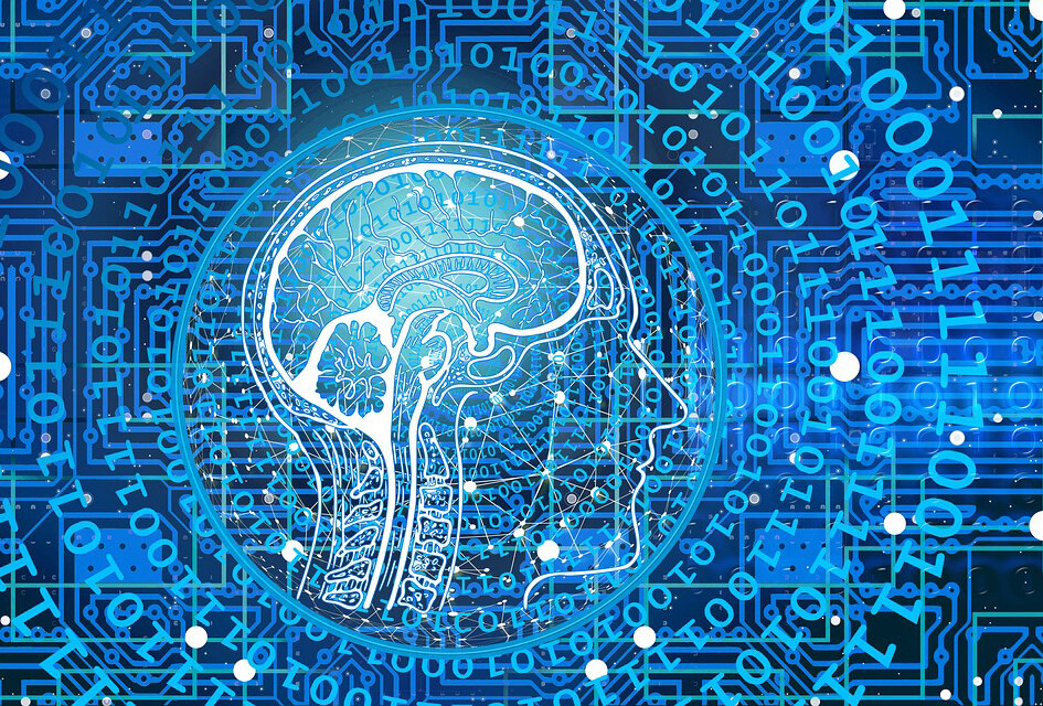 Bild von einem Kopf mit Gehirn auf blauem Hintergrund mit Schaltkreisen